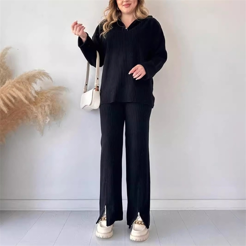 Casual Knitted Home Set Womens Warm Zipper Top Pants Turn Down Collar Long Sleeve High Waisted Trousers 2 Piece Outfit y241010