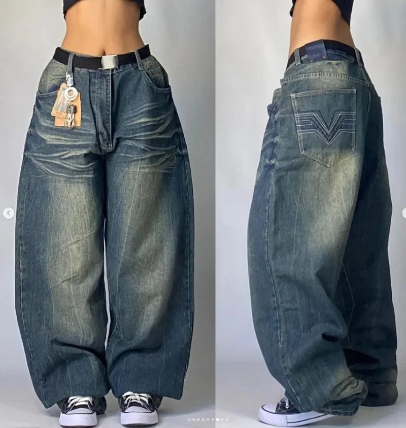 American Retro Skeleton Wing Embroidered Pocket Jeans for Men and Women Y2K Harajuku Hip Hop Gothic Wide Troy Streetwear 240930