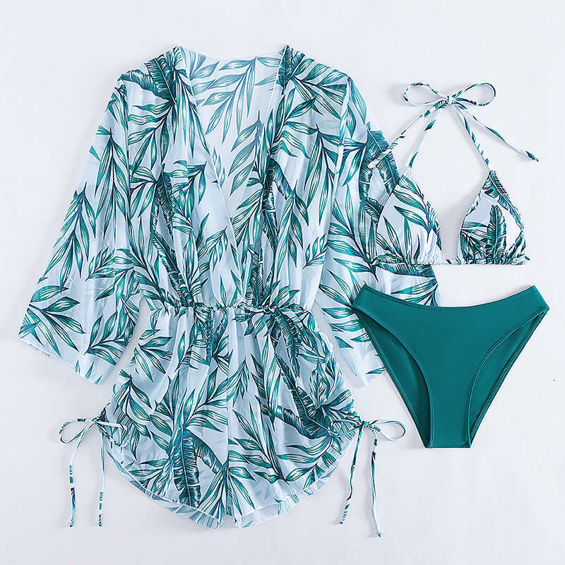 2024 Three Piece Bikini Leaf Print Waist Tie Up Long Sleeved Beach Sunproof Swimsuit