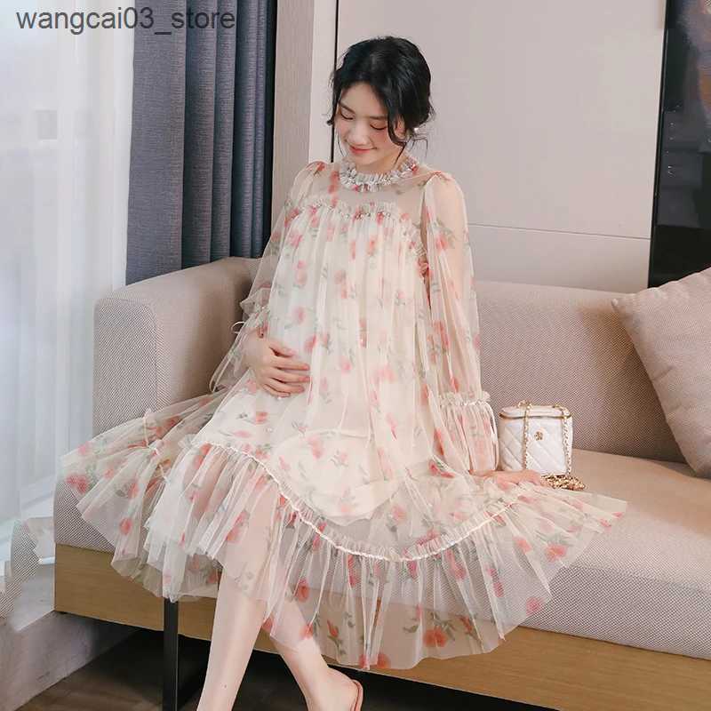 Maternity Dresses Summer Fashion Maternity Mesh Dress Elegant Long Flare Sleeve Beaded Drawstring Collar Pregnant Woman Fishtail Dress Mini Dress L240