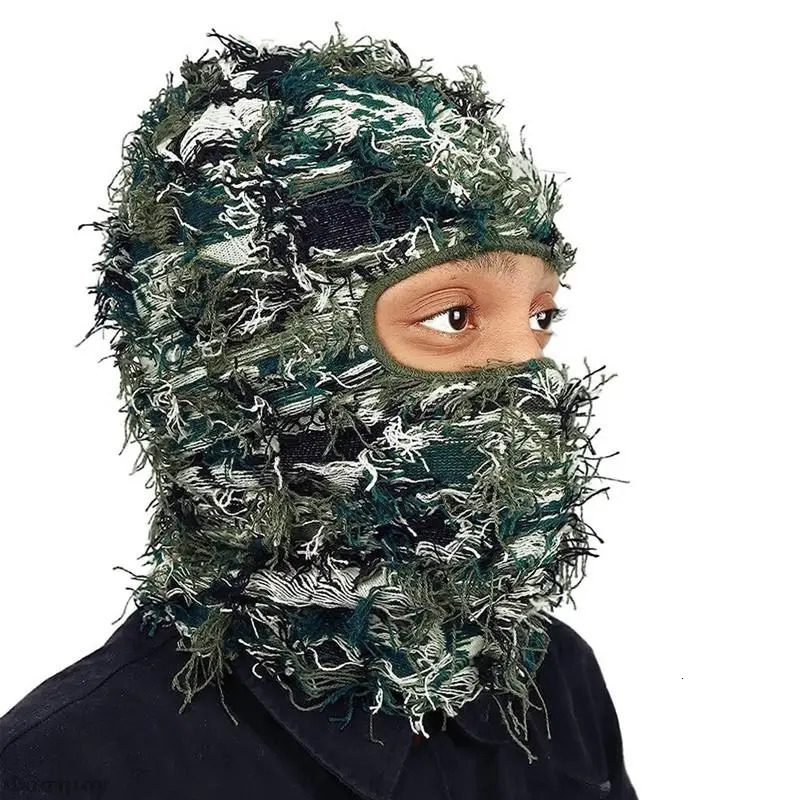 Hip Hop Balaclava Distressed Knitted Hat Full Face Ski Mask Mens Outdoor Camouflage Wool Beanies 241009