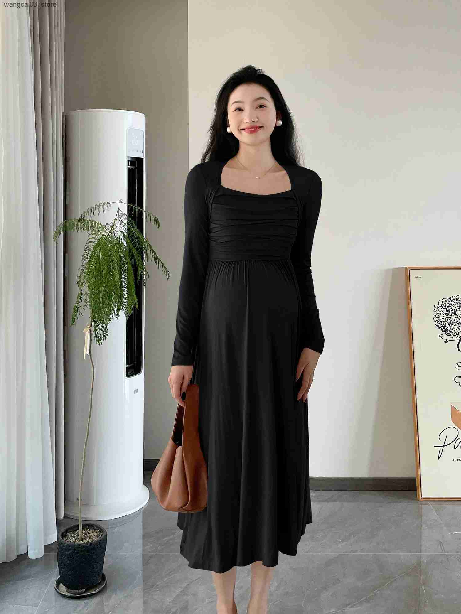 Maternity Dresses 2024 Spring Maternity Dresses Long Sleeve Square Collar High Waist Pregnant Woman Modal Dress Faux Two Pieces Pregnancy Clothes L240