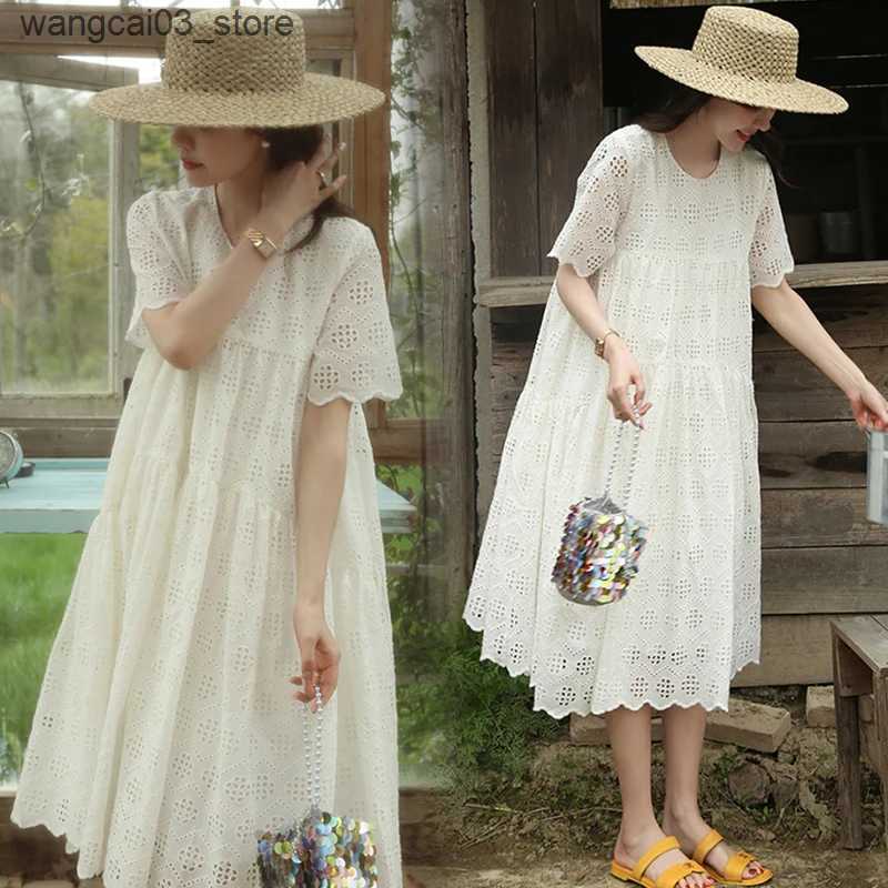 Maternity Dresses 2024 Pregnant Woman Lace Dress Summer Short Sleeve O-Neck Hollow Out Maternity Cotton Dress Sweet Long Loose Princess Clothes L24091