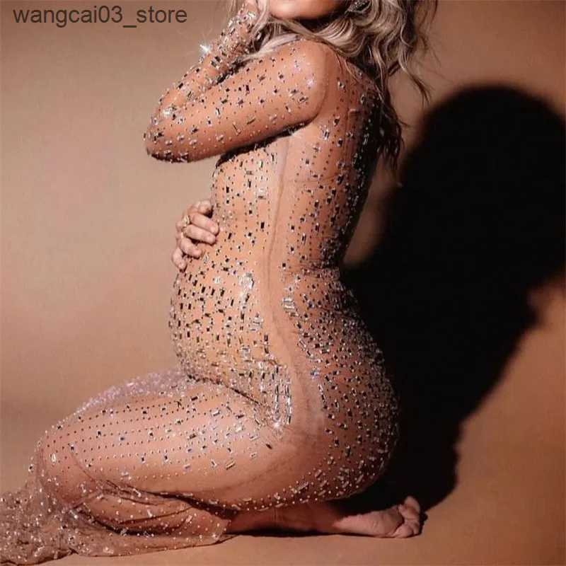 Maternity Dresses Mesh Maternity Photography Gown Sparkling Rhinestone Elastic Sexy Dress Transparent Pregnant Women Dress For Photo Shoot L240910
