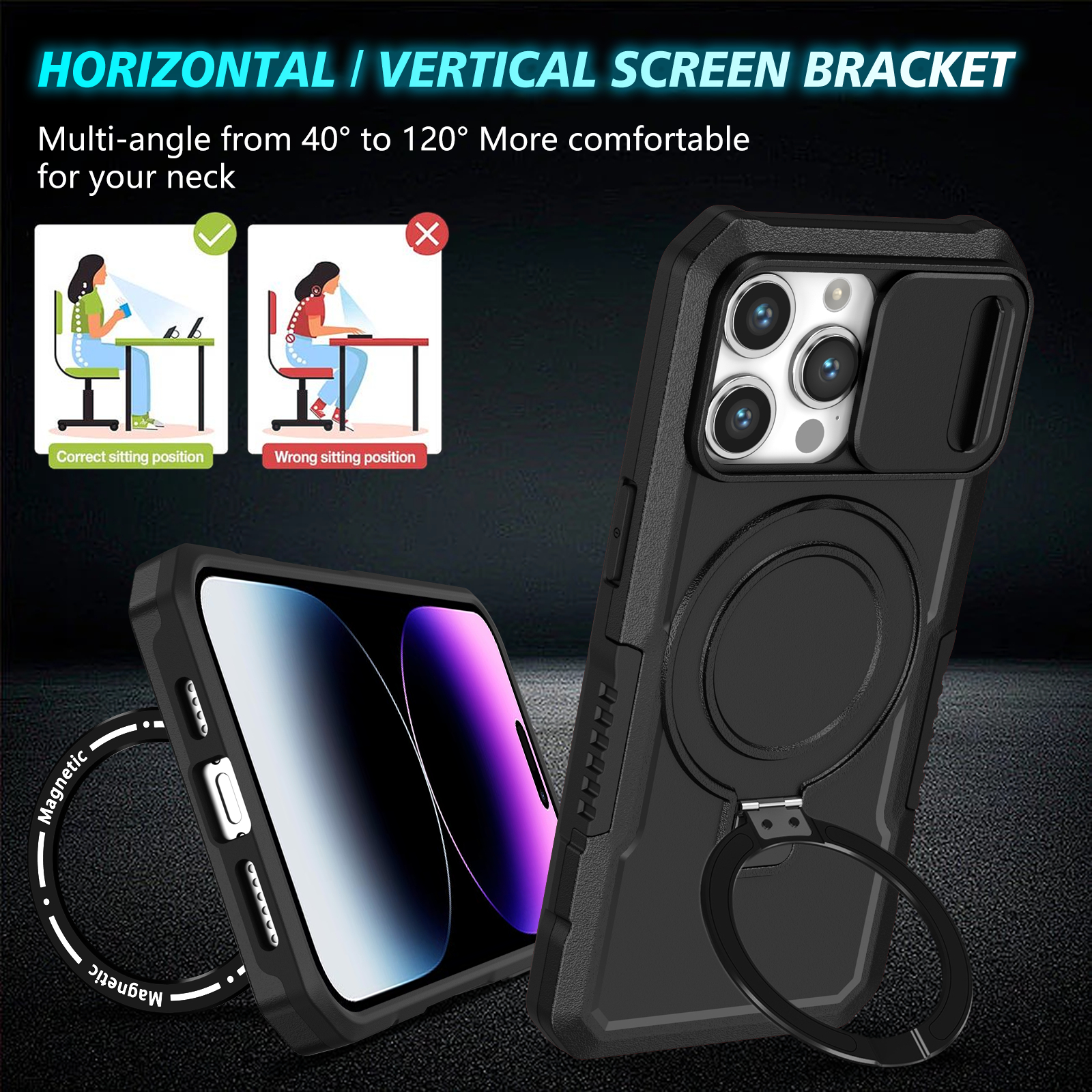 Full Slide Window Camera Protection Heavy Duty Shockproof Armor Bracket Ring Stand Magnetic For Magsafe Wireless Charging Case For iPhone 16 15 14 13 