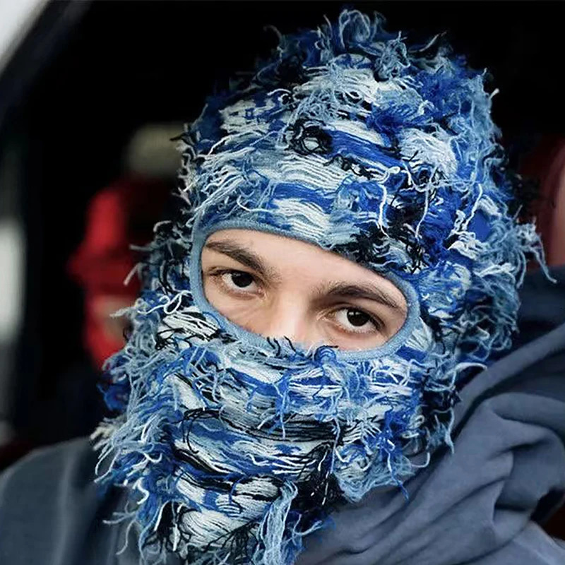 1 piece of Y2K tassel Balaclava Distressed knitted full face ski mask Shiesty Mask camouflage cap 241009
