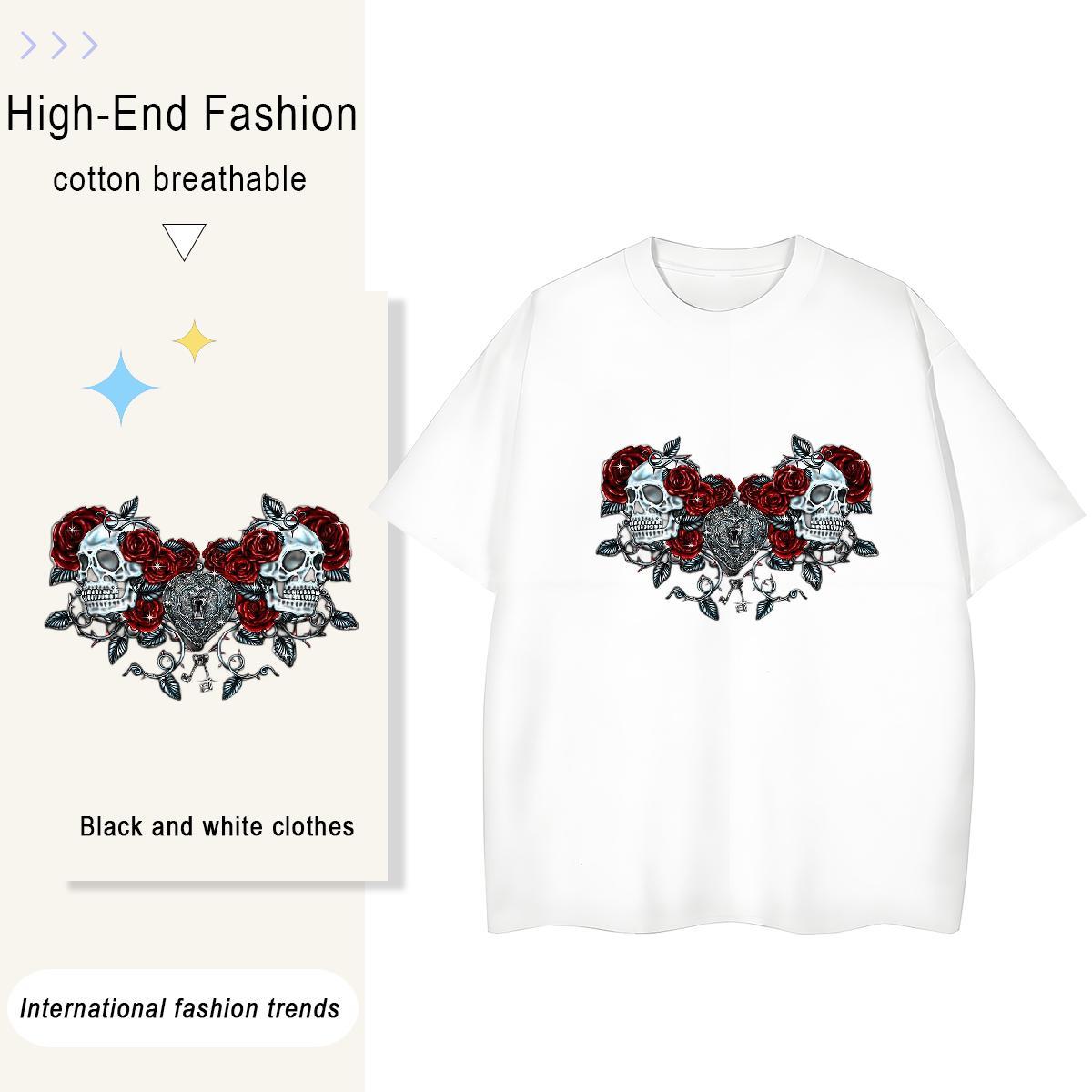 2024 Casual Woman T Shirts 230g 100% Cotton Crew Neck Daily Wear flower Unisex Tshirts Wholesale Cartoon Anime Tops