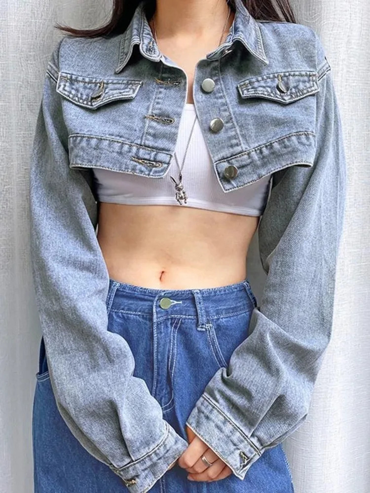 Deeptown Vintage Long Sleeve Crop Denim Jacket Women Fashion Jeans Bomber Jackets Cardigan Coat Spring Casual Coats Clothes 241011