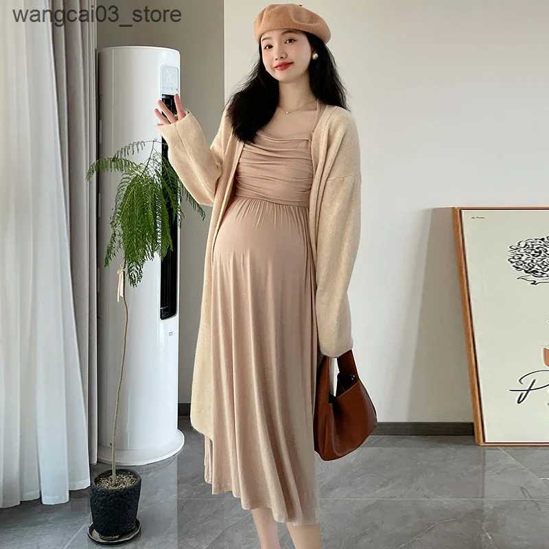 Maternity Dresses 2024 Spring Maternity Dresses Long Sleeve Square Collar High Waist Pregnant Woman Modal Dress Faux Two Pieces Pregnancy Clothes L240