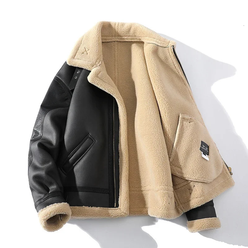 Mens leather thick jacket winter warm coat patch work artificial cashmere fur lapel coat plus size M-5XL 240930