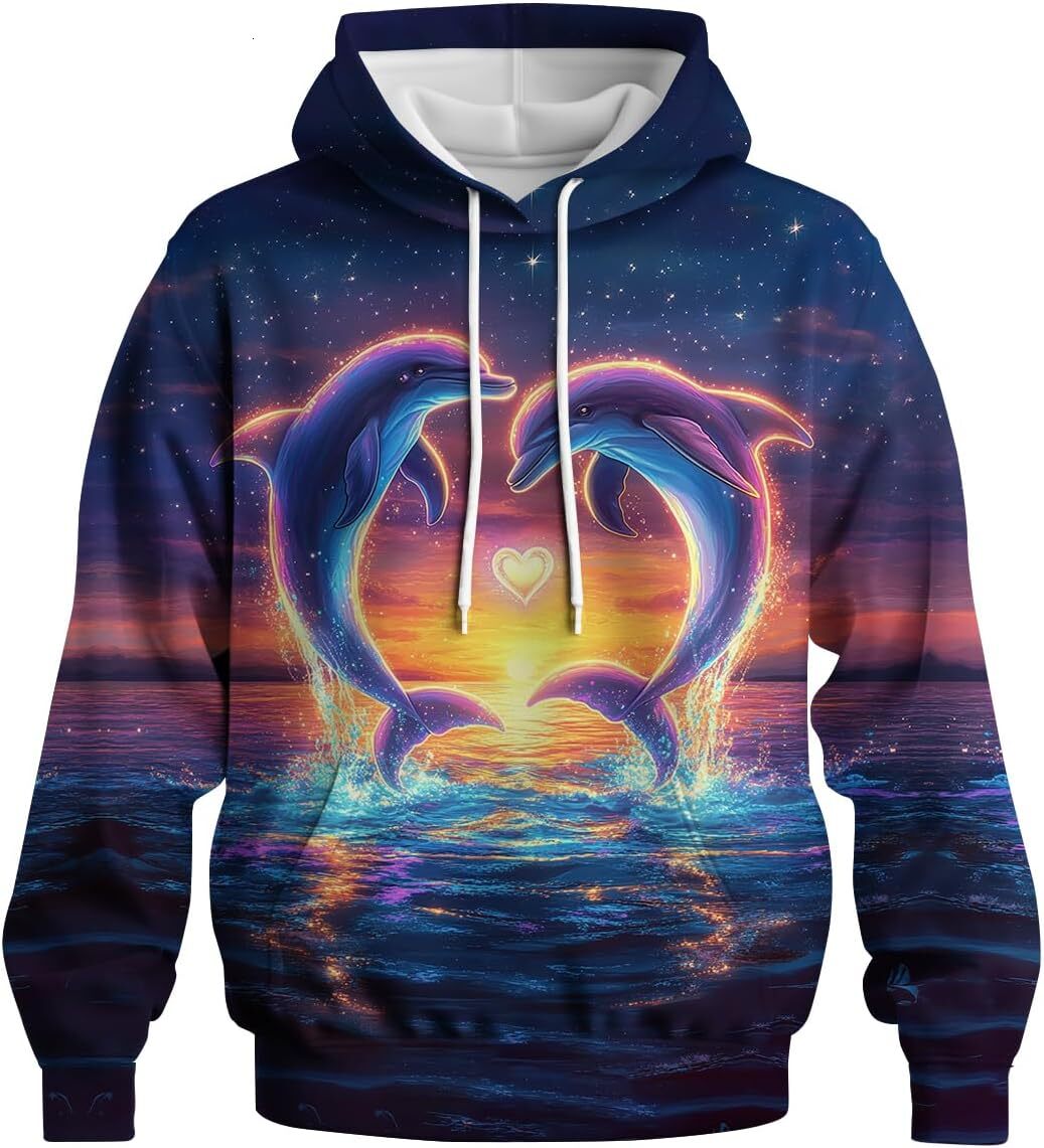 Hoodie for Mens Womens Unisex Dolphin Hoodies Casual Animal Printed Hooded Sweatshirt for Men Women 3D Graphic Pullover Hoodie Graphic