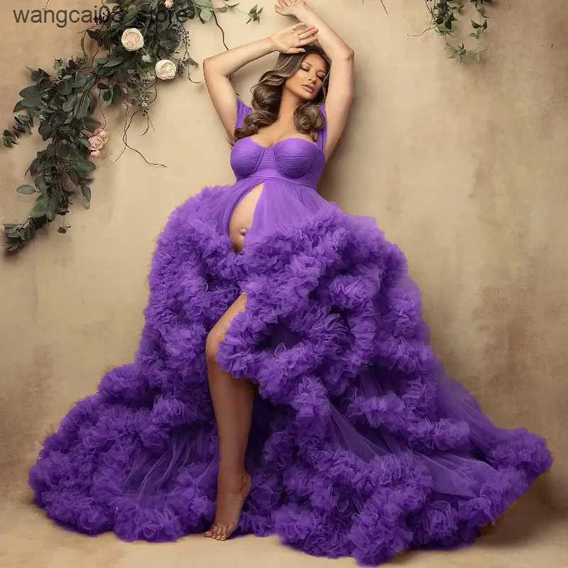 Maternity Dresses Romantic Off Shoulder Maternity Photoshoot Dress Front Slit Brown Tulle Prom Dresses Tiered Ruffles Boho Baby Shower Gown L240910