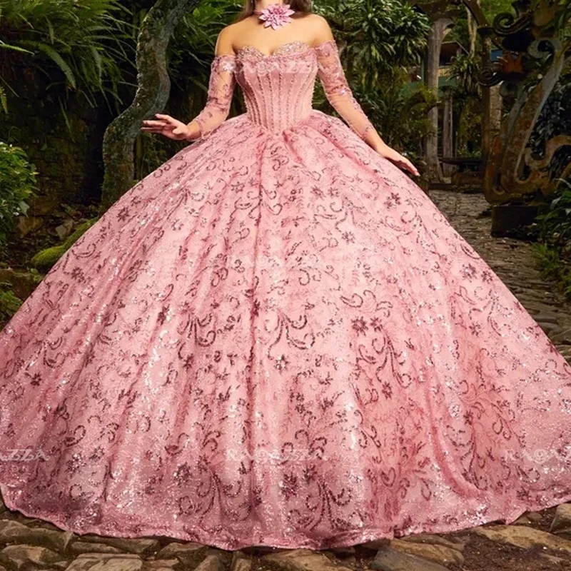 Pink Luxury Sparkly Quinceanera Dresses Off Shoulder Sequin Applique Lace Beads Gillter Vestido De 15 Anos Party Birthday Sweet 16 Anos