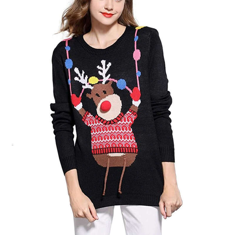 Cartoon jacquard reindeer Christmas sweater, round neck pullover, loose and lazy style women's knitted sweater