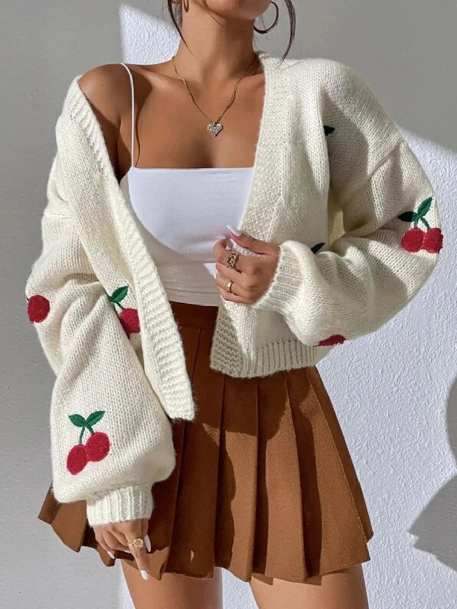 MALCIKLO Women s Open Front Loose Sweater Cardigan Cherry Embroidery Lantern Long Sleeve Cropped Jacket 241007