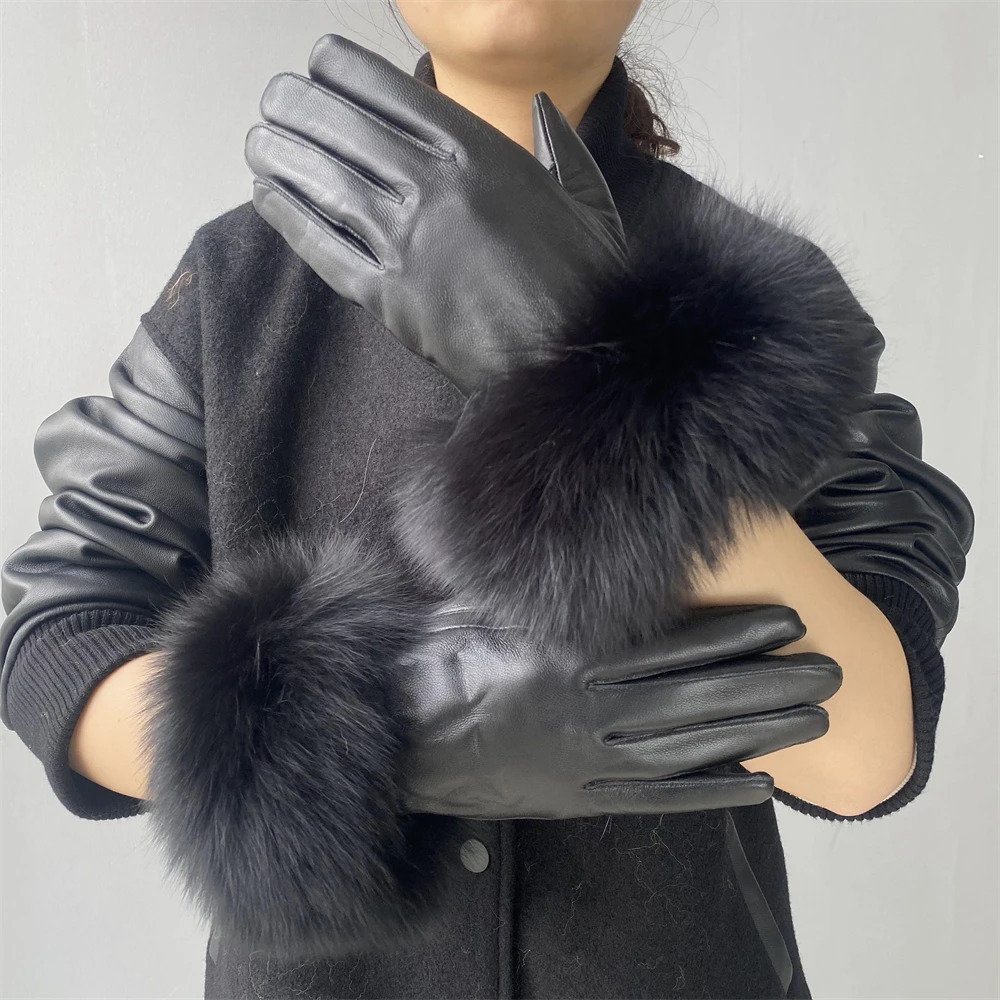 Jxwatcher Wholesale Fox Fur Gloves Real Sheepskin Glove with Natural Fur Genuine Leather Glove Winter Thicken Warm Fluffy Lining 241009