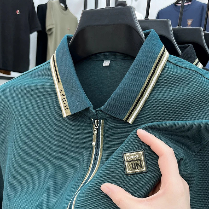 Autumn and winter mens classic business casual zipper er Korean lapel trend embroidered polo shirt 241007
