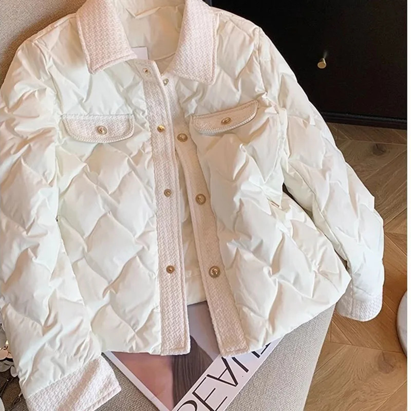 2024 Autumn Winter Parkas Coat Womens Cotton Jacket Short Vintage Rhombic Elegant Warm Longsleeved Female Clothing 240930