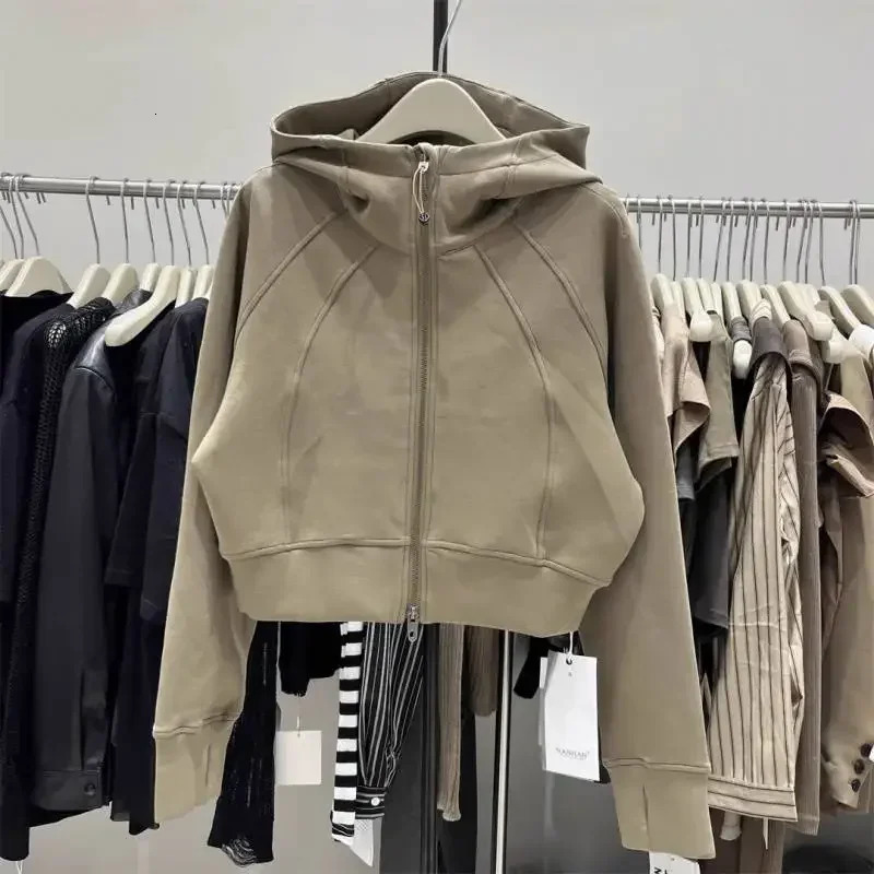 Womens Solid Hoodie Korean Y2k Casual Wild Loose Thin Zipper Short Sweater Top Long Sleeve Coat 241010