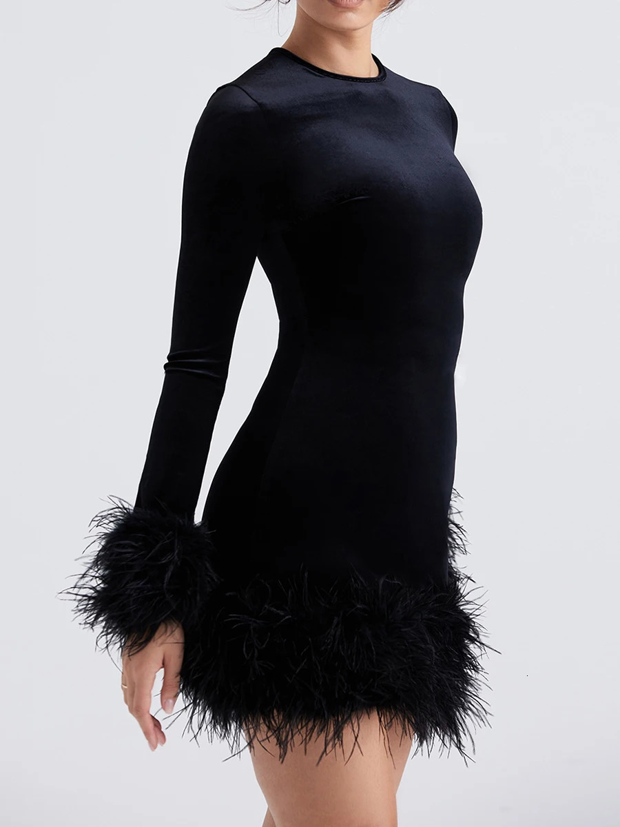 Womens formal velvet feather decorated mini dress elegant plush hem cocktail party sexy tight fitting long sleeved club Y2k 90s 241007