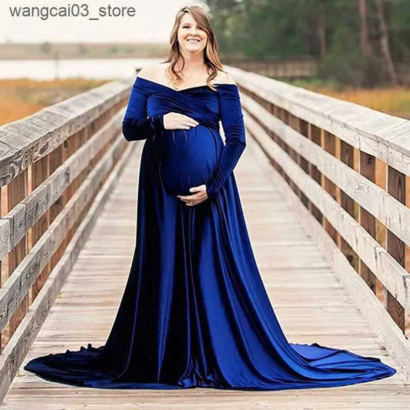 Maternity Dresses Velvet Maternity Dress Women Winter Long Sleeve Shoulderless Pregnant Ladies Robe Premama Photo Shoot Maxi Party Evening Dresses L24