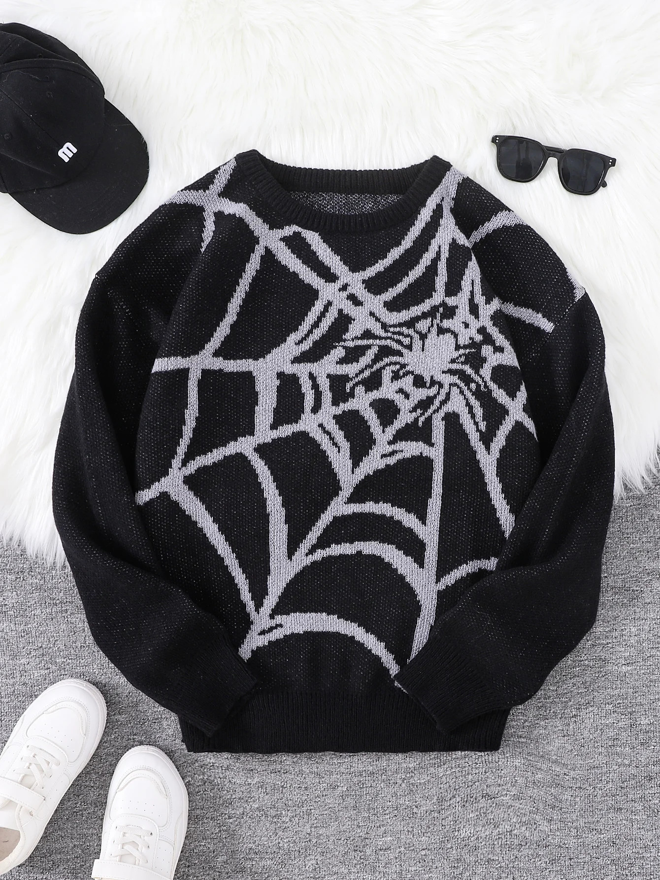 Autumn and Winter Spider Web Jacquard Pattern Pullover Sweater Casual Round Neck Knitted Mens 241009