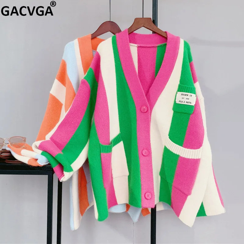 GACVGA 2024 Autumn Winter Striped Knitted Cardigan Women Long Sleeve Tops Loose Casual Sweater Fashion y2k Clothes Streetwear 241007
