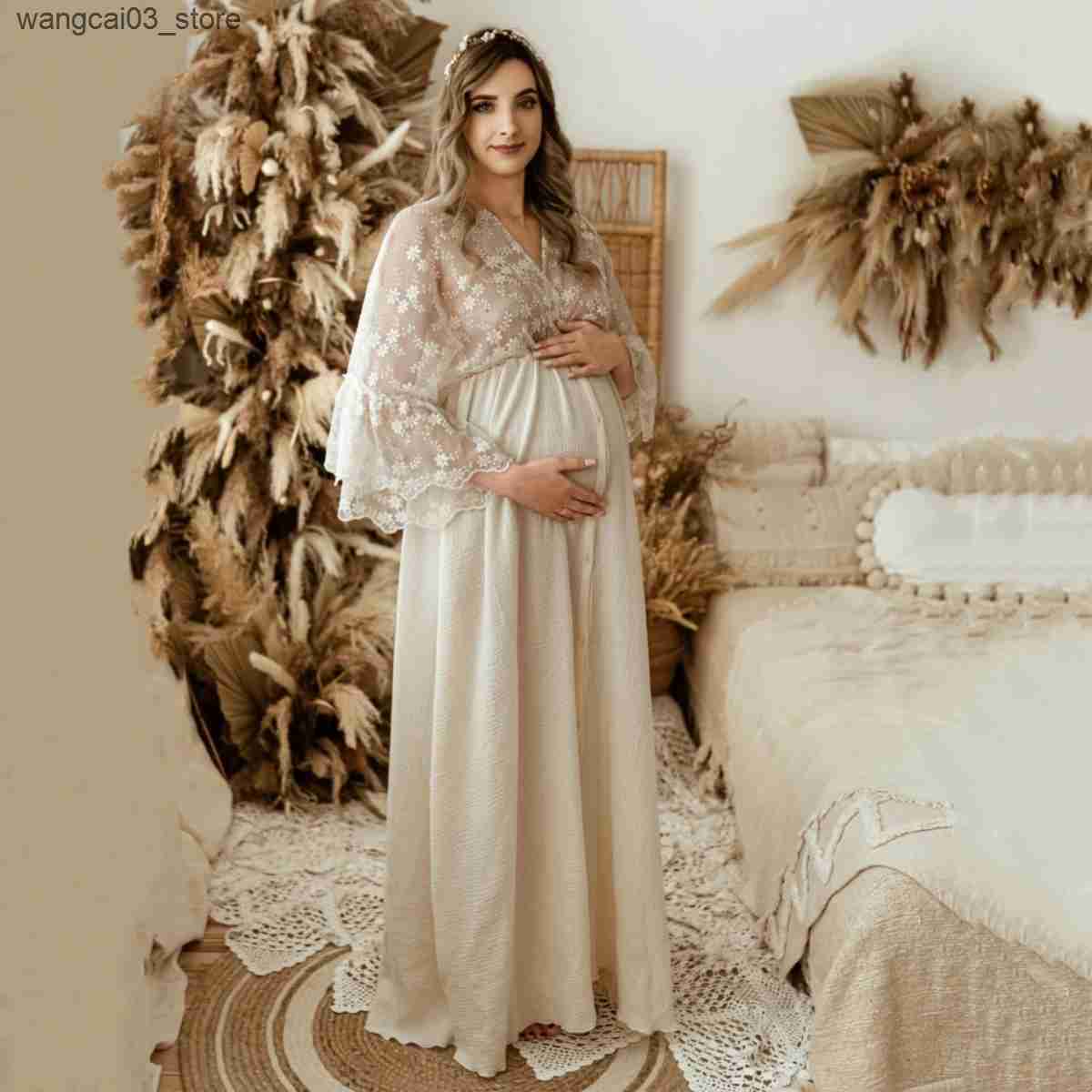 Maternity Dresses Boho Cotton Maternity Photo Shoot Dress Beige Bohemian Lace Stiches Cotton Pregnant Woman Photography Long Dresses L240910