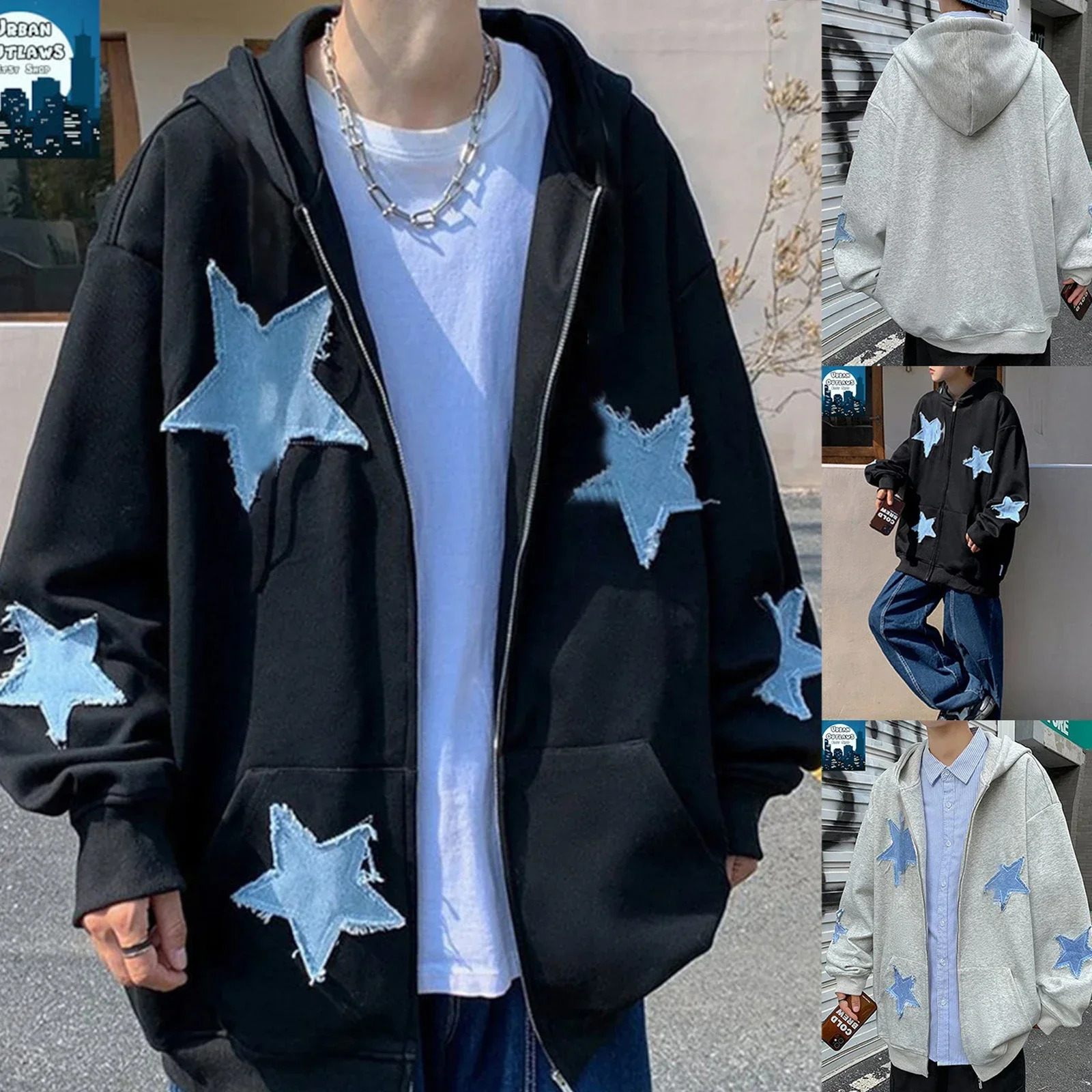Womens Zipper Hoodie Star Pattern Casual Long Sleeve Sports Jacket with Pocket Suitable for Autumn Street Wear 241010