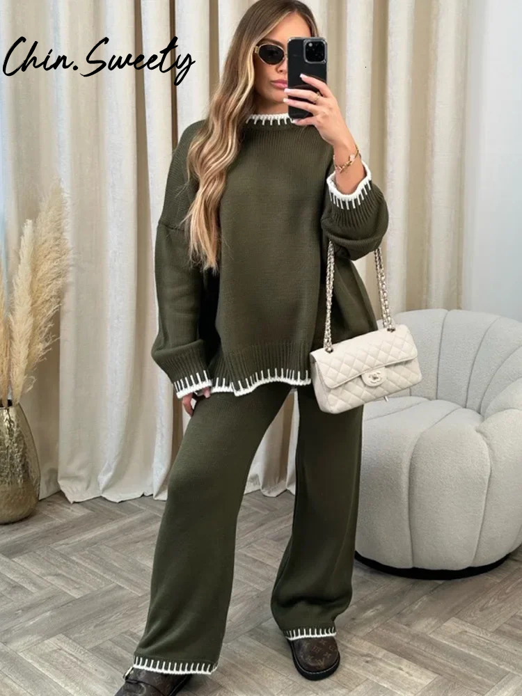 Casual Striped Knitted Set Women Elegant Split Pullover Sweater Elastic High Waist Straight Trousers Lady Outfit Autumn 2024