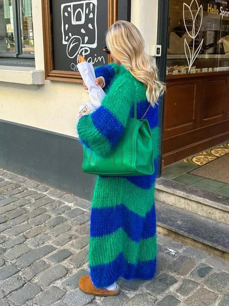 Fashion Stripe Long Cardigan Sweater Women Lantern Sleeve Loose Oversize Knitted Coat Autumn Lady Chic Streetwear Overcoat 241007