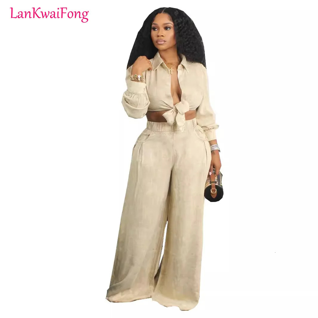 LKF Elegant Communicating Casual Womens Set Long Sleeve Collar Cardigan Belt Top Pocket Wide Leg Pants Two Piece 241008