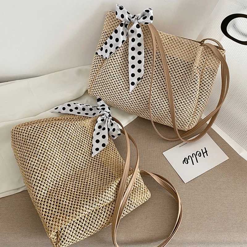 Large summer beach shoulder bag woven square with ribbon handle wallet Y241011