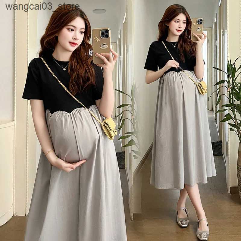 Maternity Dresses 2024 French Style Pregnant Women Elegant Dress Plus Size Long Sleeve O-Neck High Waist Maternity A-Line Dress Long Loose Clothes L24