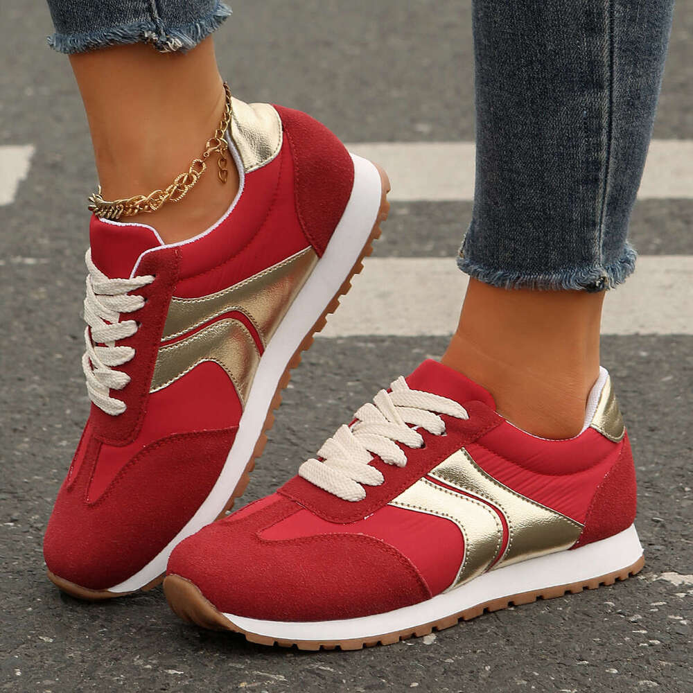Autumn Fashion Lace Up Women Flat Casual Comfortable Walking Shoes Woman Lightweight Non Slip Red Sneakers Plus Size 43