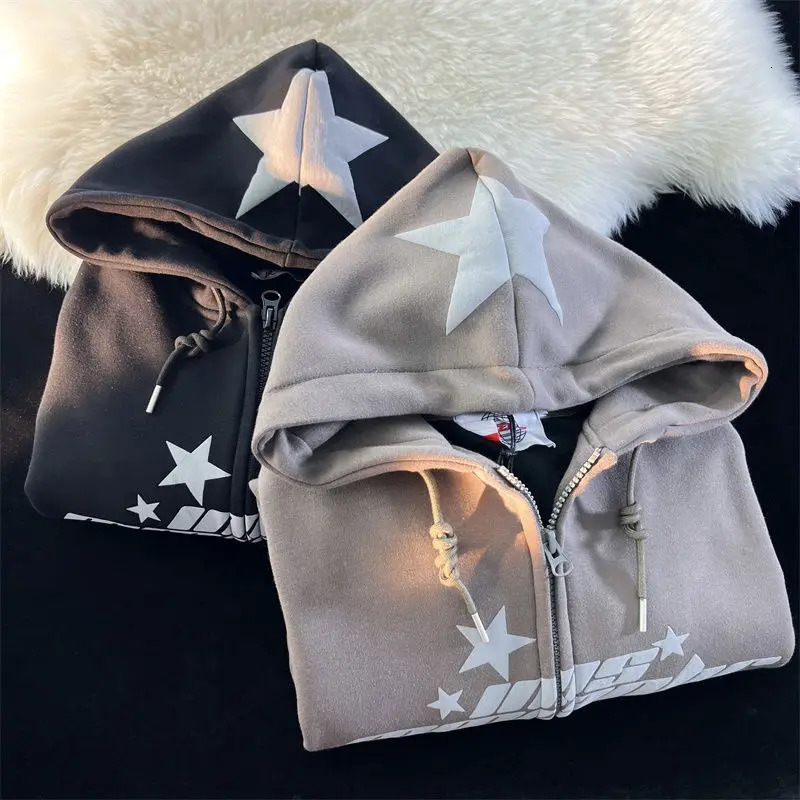 Womens Y2K Star Printed Hoodie Street Hip Hop Zipper Sweatshirt Couple Loose Cashmere Cardigan Unisex Hoodie Jacket Womens 241011