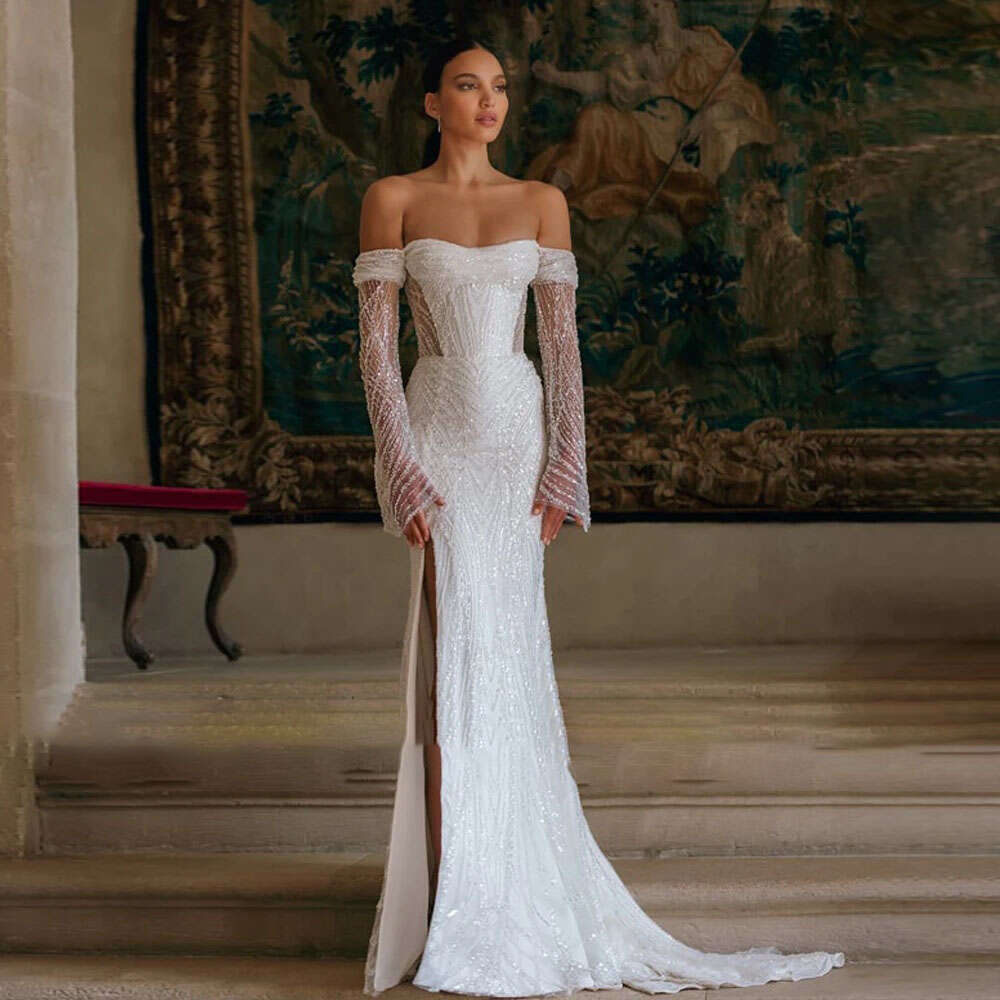 Mermaid Wedding Dresses Side Split Detachable Train Bridal Gown Custom Made Off Shoulder Long Sleeves Vestido De Novia