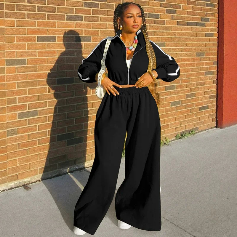 Laxsesu Blue Two Piece Pants Set Sports Womens Long Sleeve Zipper Jacket TopSide Striped Autumn 241008