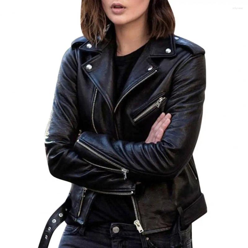 Women's Leather Simple Long Sleeve Zipper Coat With Belt Autumn Winter Women Jacket Turndown Collar For Outdoor