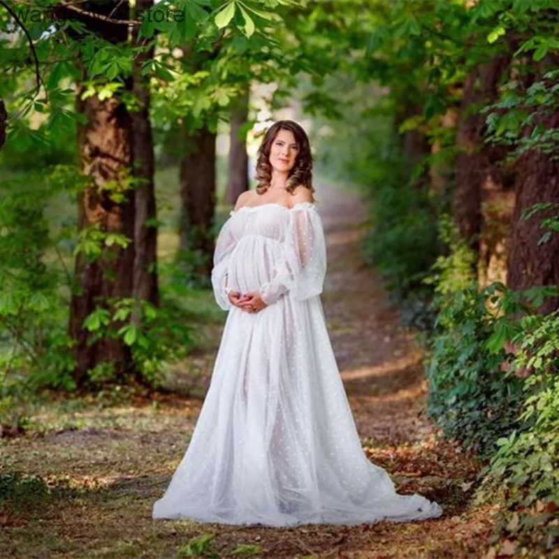 Maternity Dresses White Dot Tulle Maternity Photography Props Dress See Through Maternity Photo Shoot Tulle Long Dress Lantern Sleeve L240910
