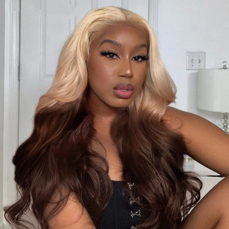 24-26 inch European and American women's lace front wig Simulation human hair blonde gradient brown long curly hair medium split chemical fiber h