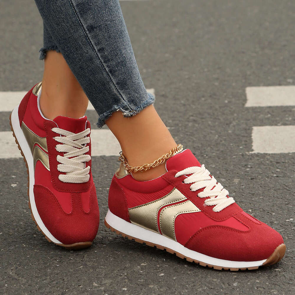 Autumn Fashion Lace Up Women Flat Casual Comfortable Walking Shoes Woman Lightweight Non Slip Red Sneakers Plus Size 43