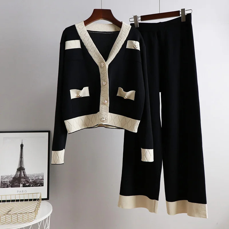 Casual womens twopiece spring autumn almond black Vneck solid cardigan and high waisted pants set 241008