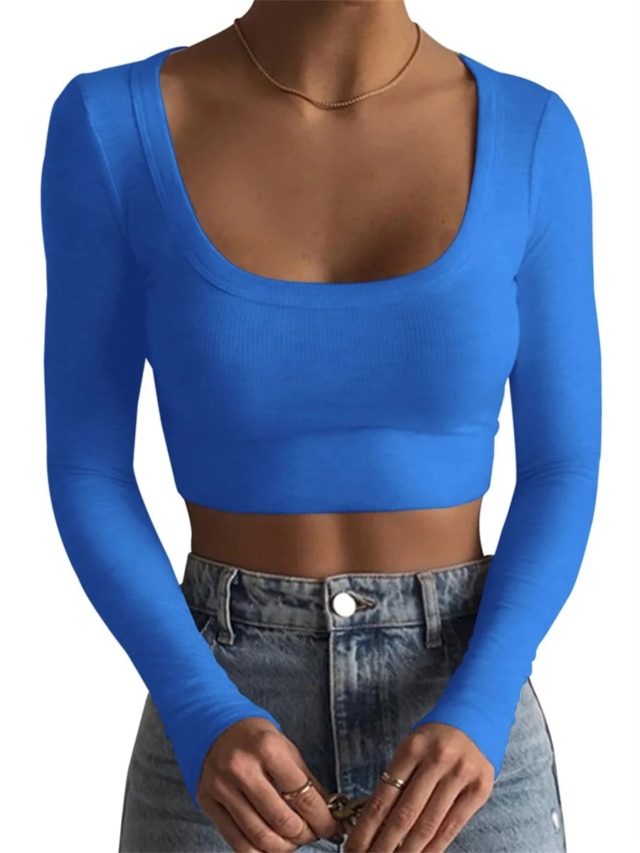 O Neck Ribbed Knitted Long Sleeve Shirts Women Sexy Cropped Tops y2k Casual Skinny Slim Basic Tshirts Tee Black White 241011