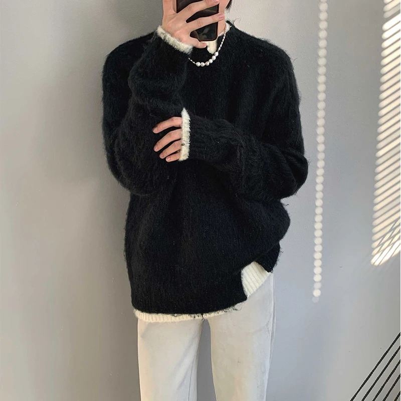 Autumn Clothing Mens Knitted Patchwork Pullover Sweater Fashion Vintage O Neck Solid Color Long Sleeve Premium Tops 241007