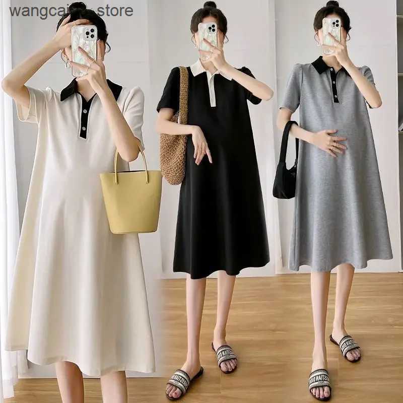Maternity Dresses Summer Pregnant Women Dresses Maternity Lapel Dress Pregnancy Solid Color Loose Knee A Skirt Female Girls Casual Clothes L240910