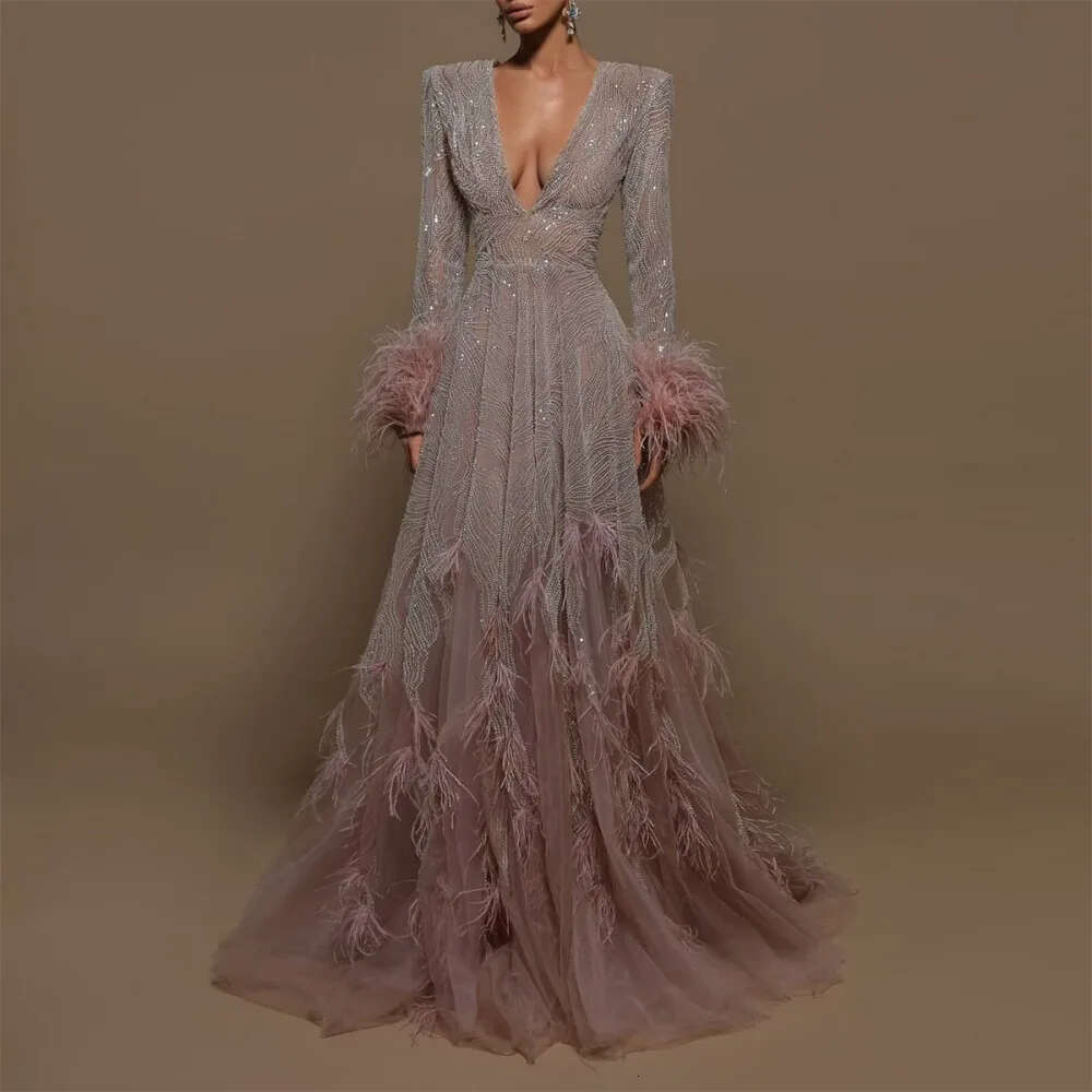 Hot Selg Celebrity Long Sleeve Feather Evening 2024 Dubai Mermaid V Neck Beaded Sequin Red Carpet Banquet Prom Dress