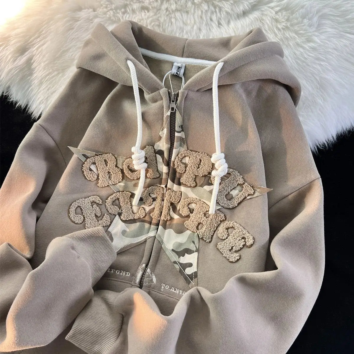 American flocking patch star hoodie womens Y2K street hip-hop loose sportswear couple casual zipper hoodie cardigan unisex jacket 241011