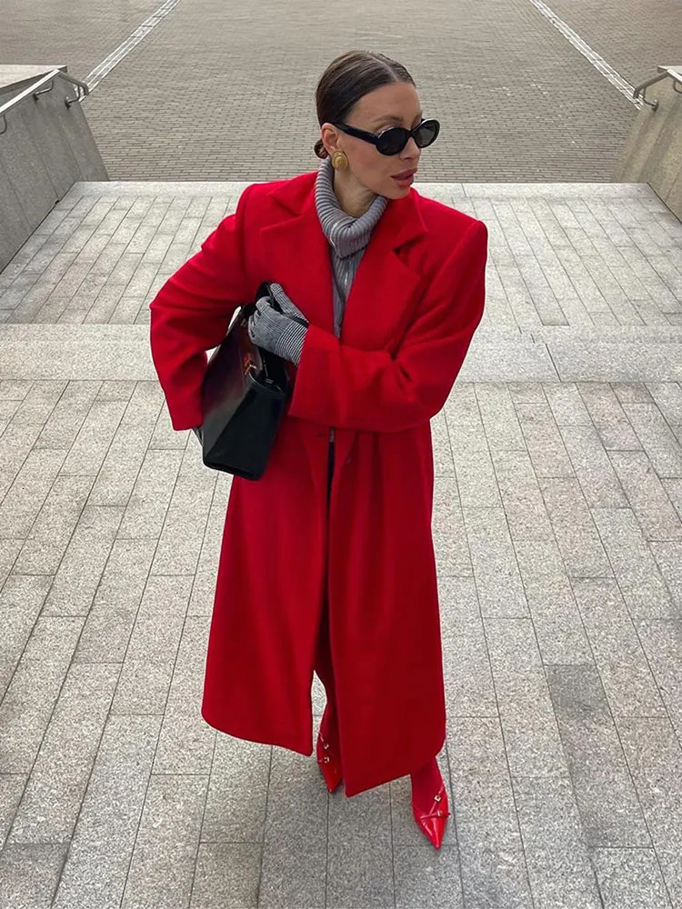 Fashion Red Turn Down Collar Long Overcoats Elegant Lady Solid Sleeves With Pocket Coats 2024 Autumn Winter High Streetwear 240930