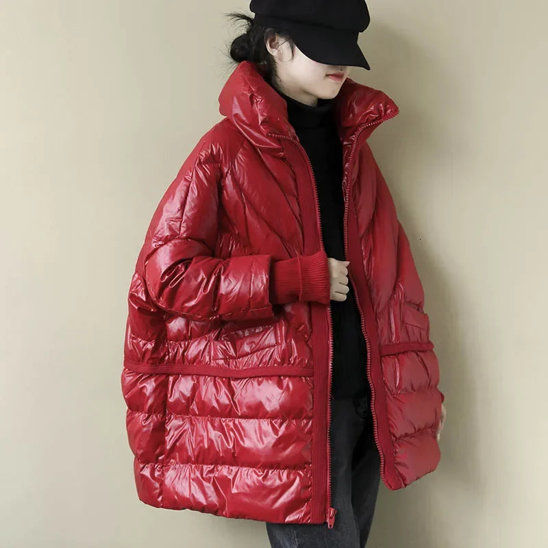 Autumn and winter womens loose red and black 90% white duck feather down jacket womens stand collar casual jacket 241011